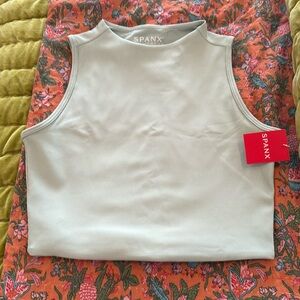Spanx Active Top, Contour Rib Mock Neck Crop Medium New Morning Mist pale green